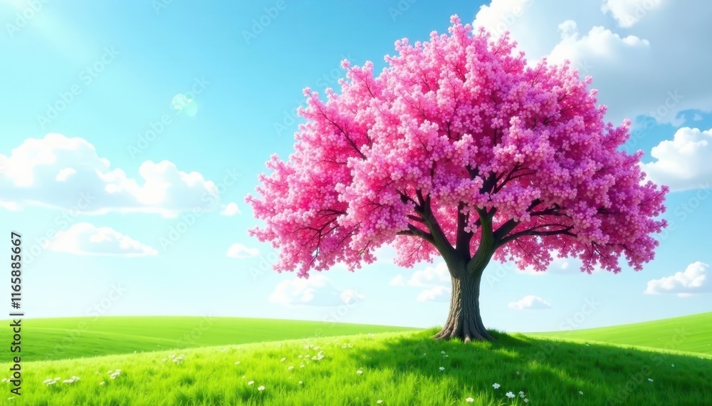 Full pink tree in bloom, surrounded by lush green grass , light, spring flowers, flowering Full pink tree in bloom, surrounded by lush green grass , light, spring flowers, flowering