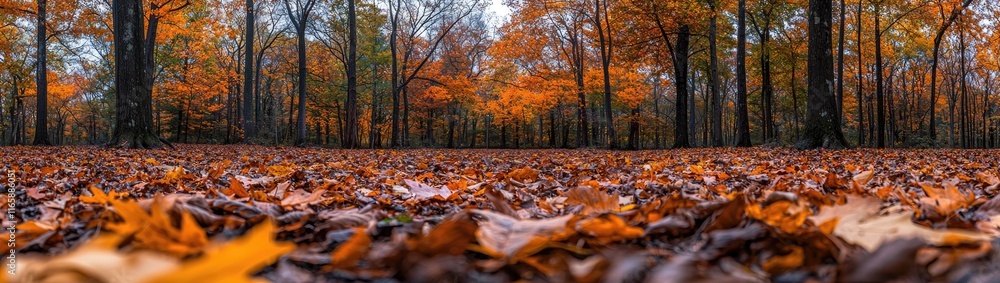 Golden Autumn Forest: A dense forest filled with trees whose leaves are bright shades of orange, yellow, and red, carpeting the ground Golden Autumn Forest: A dense forest filled with trees whose leaves are bright shades of orange, yellow, and red, carpeting the ground