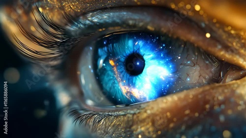 Eye reflecting a blue and orange nebula