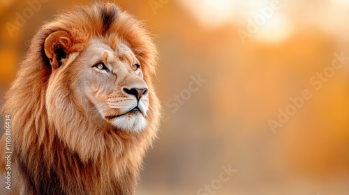 A striking close-up of a lion in profile, lost in thought, amidst a backdrop of warm autumn colors, capturing the essence of wild beauty and contemplation in nature. photo