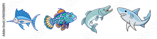 Cartoon Illustration of Exotic and Predatory Fish - Hand-drawn illustrations of sailfish, mandarin fish, trout, and shark, showcasing vibrant and detailed marine and freshwater species.