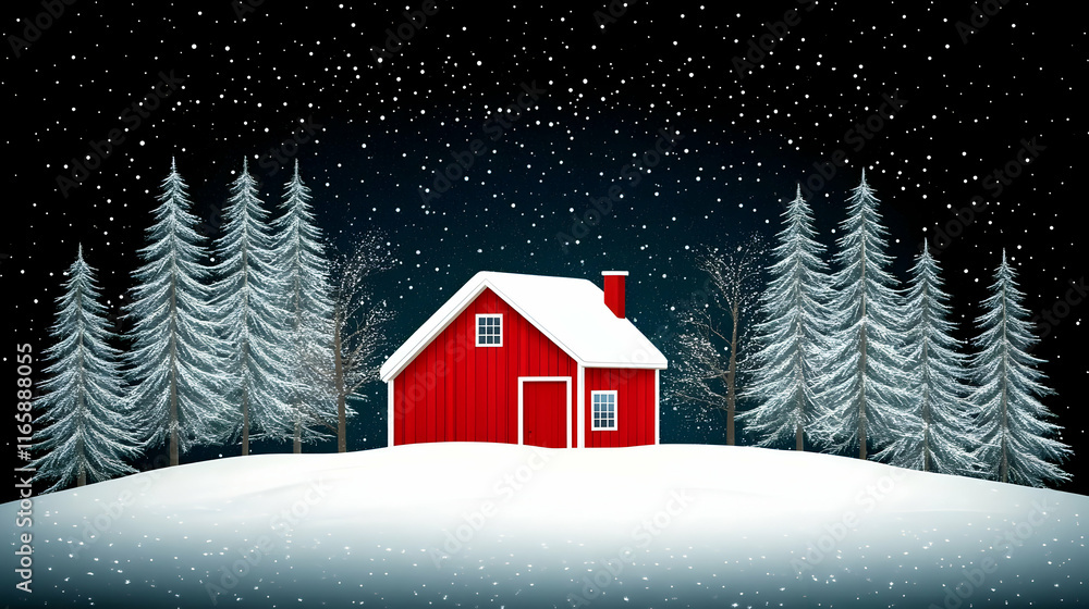Naklejka premium Snowy Night Red Cabin 3D Illustration
