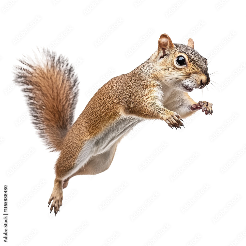 Obraz premium Jumping Grey Brown Squirrel Isolated on a White Background for Nature and Wildlife Use on transparent background