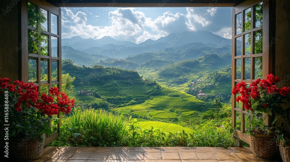 Fototapeta premium Mountain view from open window with red flowers.