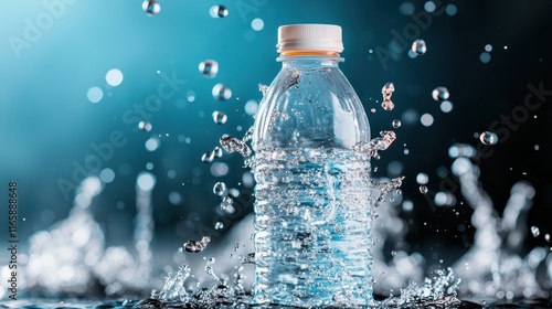 A water bottle caught in a splash of water droplets, showcasing a sense of motion and vitality against a dramatic dark background with striking blue tones. photo