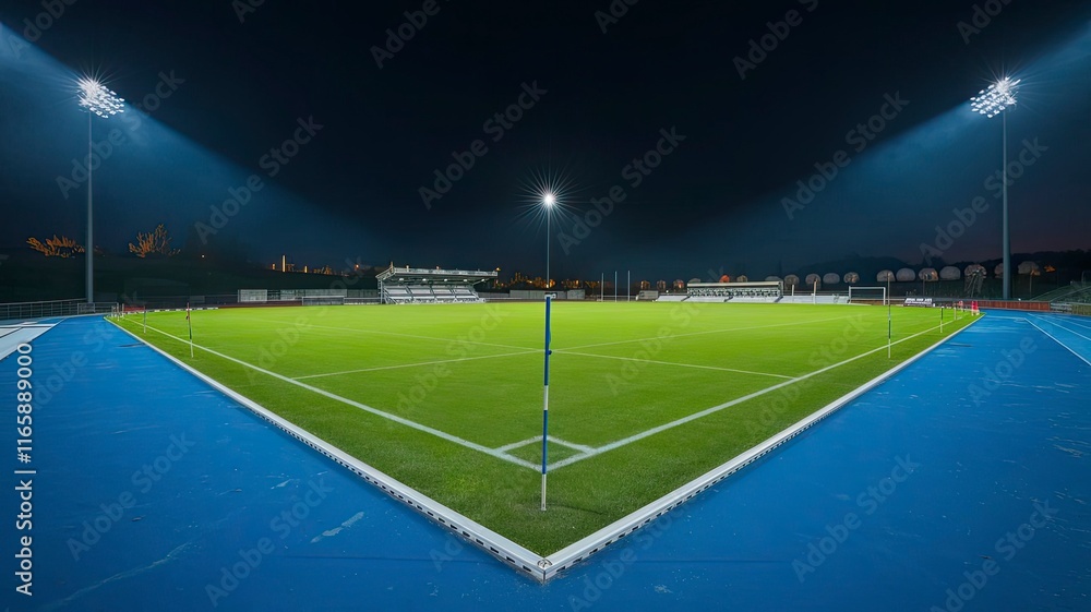 Fototapeta premium A brightly lit soccer field surrounded by urban buildings and trees during twilight, showcasing a peaceful yet competitive atmosphere.