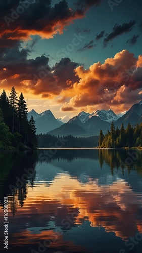 A breathtaking landscape of a lake surrounded by mountains under dramatic cloudy skies at sunset, with a small island in the center and lush greenery in the foreground.