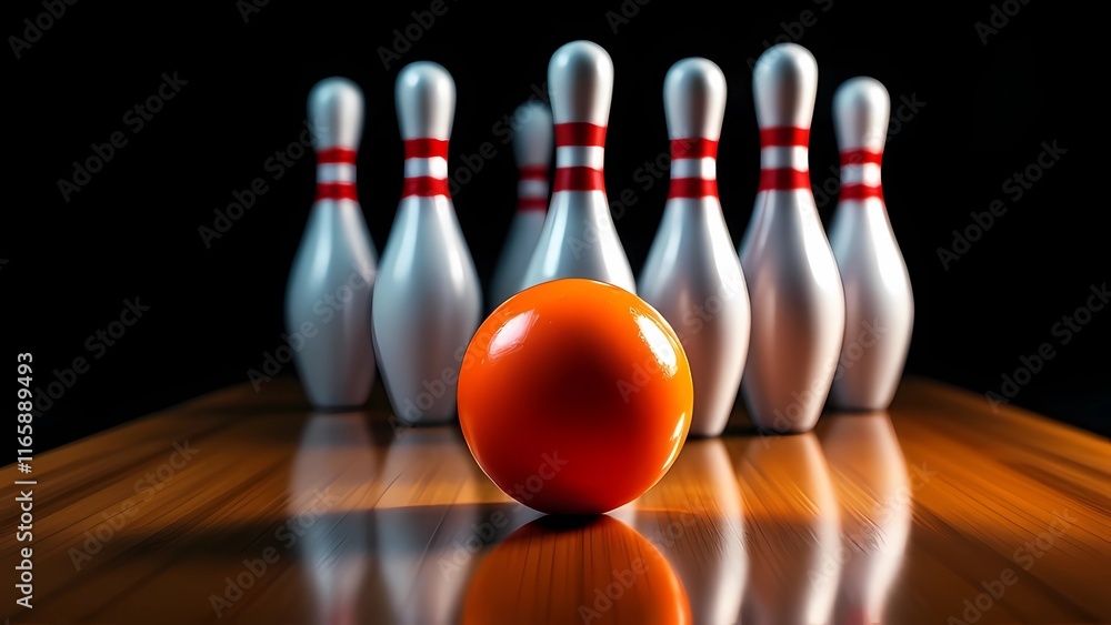 A Vibrant Orange Bowling Ball Rests on a Wooden Floor, Surrounded by Classic White and Red PINs, Capturing a Competitive Spirit A Vibrant Orange Bowling Ball Rests on a Wooden Floor, Surrounded by Classic White and Red PINs, Capturing a Competitive Spirit