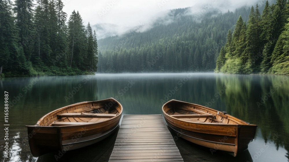Serene Lake with Wooden Pier and Boats in Forest Setting Serene Lake with Wooden Pier and Boats in Forest Setting