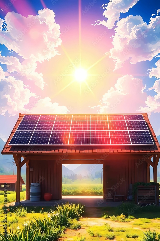 solar panels on small shed roof with sunny blue sky in background solar panels on small shed roof with sunny blue sky in background