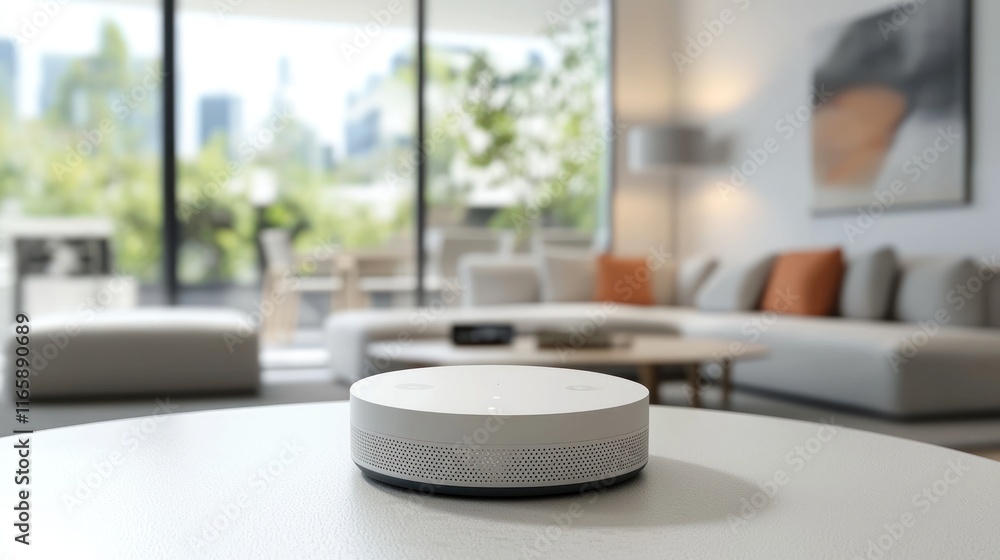 Smart Home Device on a Table in Modern Living Room Smart Home Device on a Table in Modern Living Room