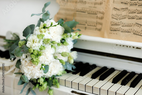 close-up bride's bouquet on the piano
