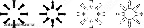 Group of straight arrows arranged in circle, directed inward to center and outward. Vector illustration of simple icons for building tables, diagrams, visualization of schematic material and data.