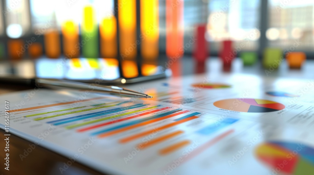 Financial Reports and Business Analytics: A Close-Up View of Colorful Charts and Graphs on a Desk Financial Reports and Business Analytics: A Close-Up View of Colorful Charts and Graphs on a Desk