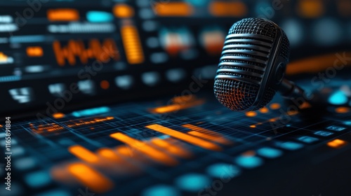 Close-up of a vintage microphone positioned over a digital audio workstation. photo