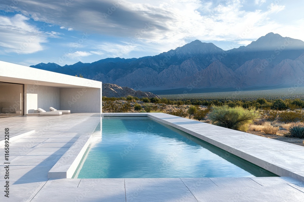 Obraz premium Modern villa with pool overlooking mountains in desert landscape during golden hour