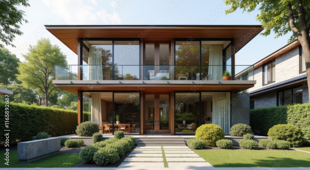 Fototapeta premium Modern home with a large glass balcony and a stone walkway