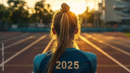 A bold and inspiring shot of a female athlete in focus at the engraved 