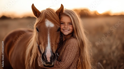 A joyful girl embraces her horse in a warm sunset glow, capturing the bond between humans and animals, evoking feelings of happiness and connection in nature. photo