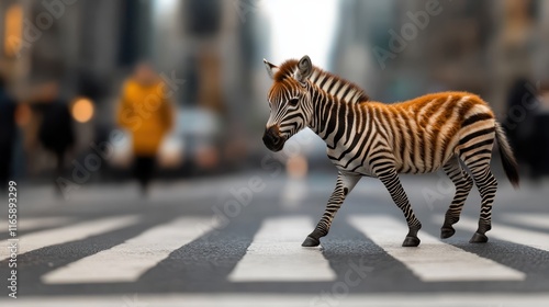 A zebra walks confidently on a bustling city street, offering a unique blend of wildlife and urban culture, raising questions about nature intertwined with everyday life and its rhythm. photo