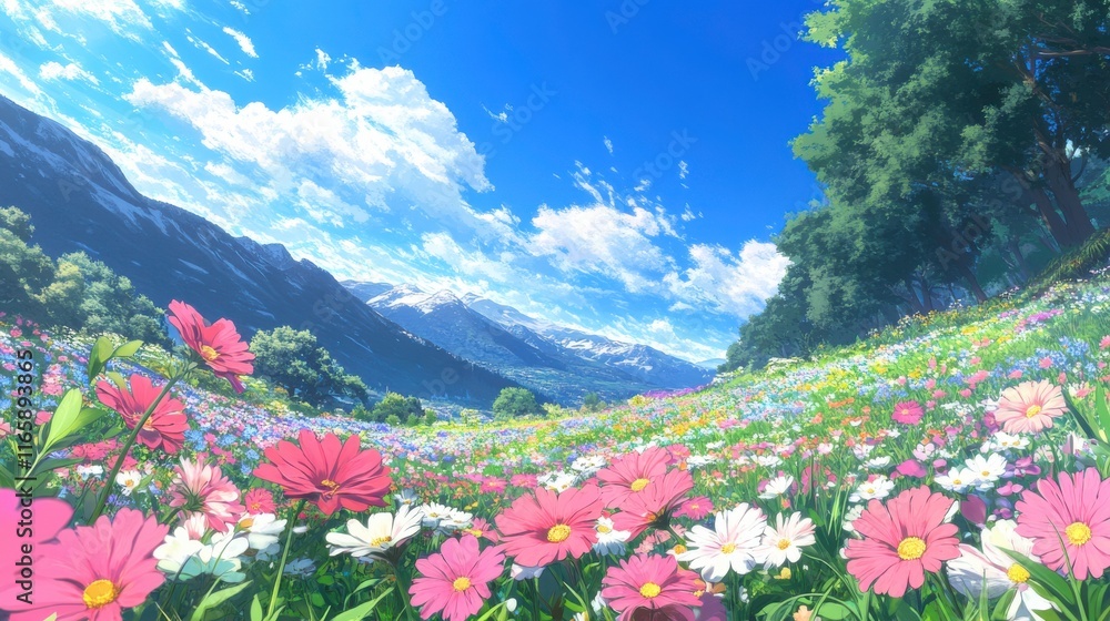 Obraz premium Vibrant Flower Meadow Under Bright Blue Sky