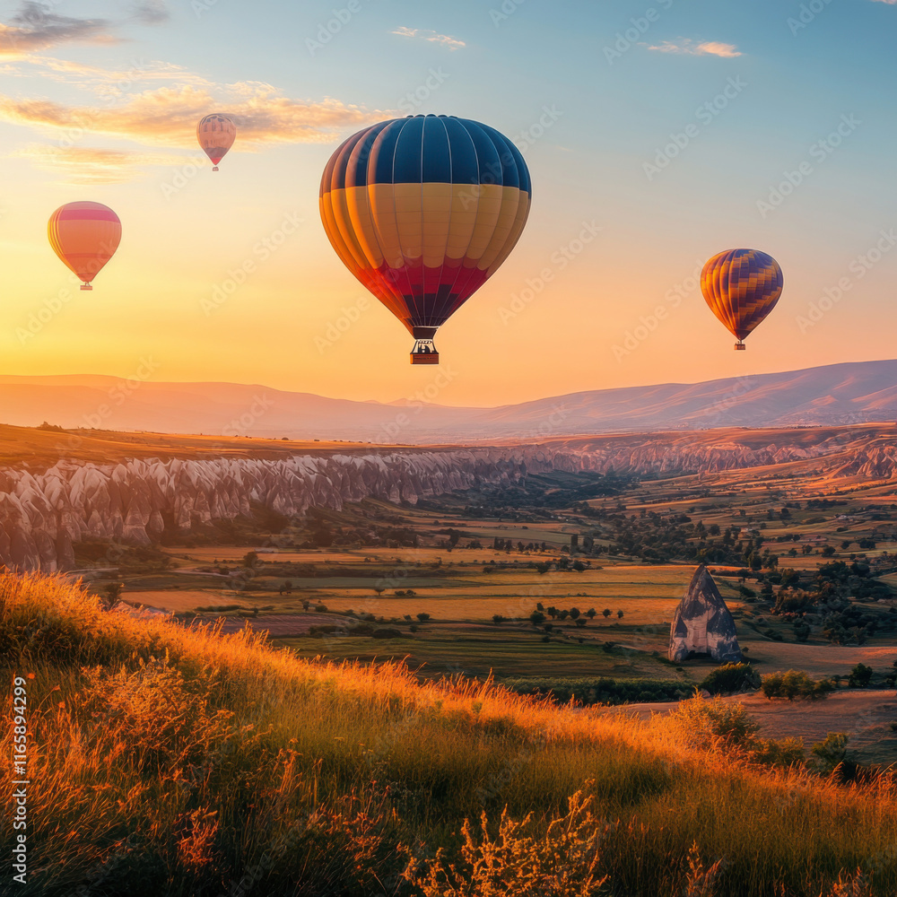 Fototapeta premium Colorful hot air balloons floating over a picturesque valley at sunset in Cappadocia