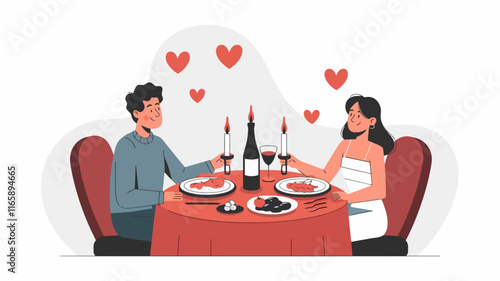 A romantic dinner for two on Valentine's Day. A candlelit table with a couple holding hands, a bottle of wine, and plates of food.