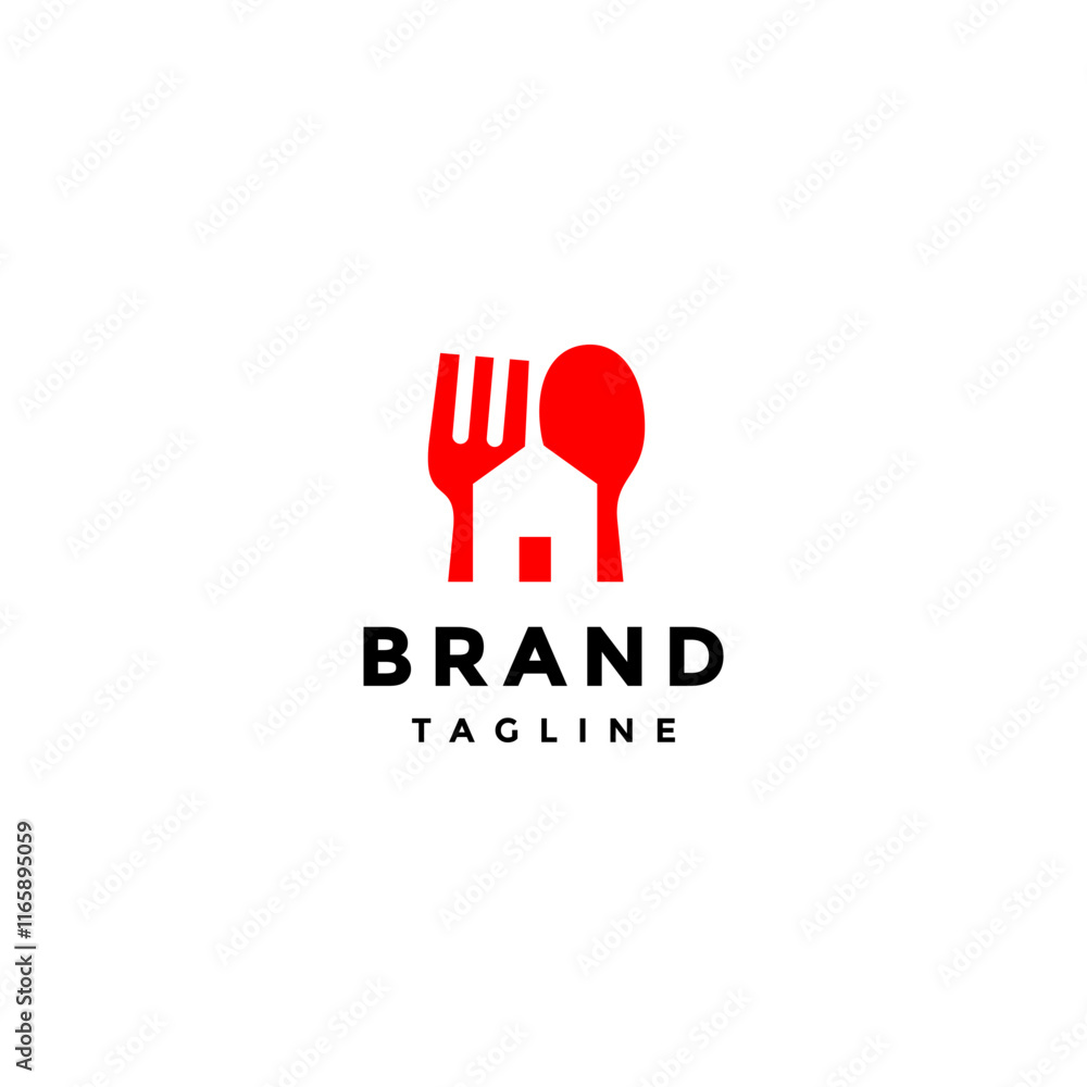 House Silhouette Between Spoons and Forks Logo Design. Red Spoons and Forks Flank House Icon Silhouette Logo Design. House Silhouette Between Spoons and Forks Logo Design. Red Spoons and Forks Flank House Icon Silhouette Logo Design.