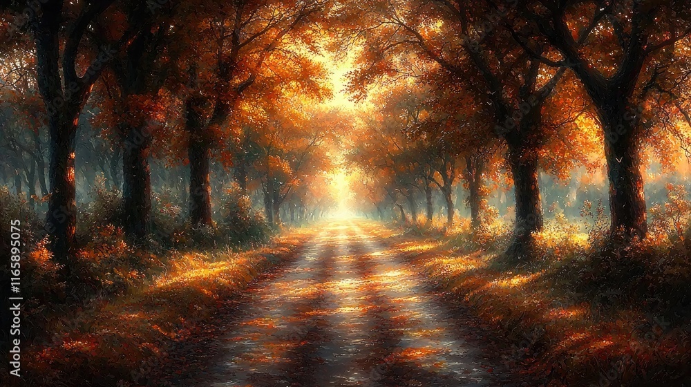 Obraz premium Golden Autumn Forest: A dense forest filled with trees whose leaves are bright shades of orange, yellow, and red, carpeting the ground