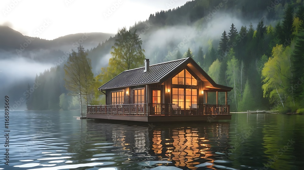 Fototapeta premium Serene Lakeside Cabin with Warm Lights Reflecting on Calm Water