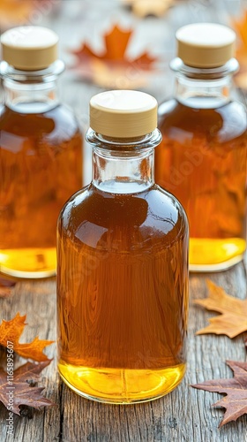 Showcasing Golden Maple Syrup Bottled and Ready for Sale, a realistic photo of elegant glass bottles filled with golden maple syrup arranged on a rustic wooden table with maple leaves scattered around