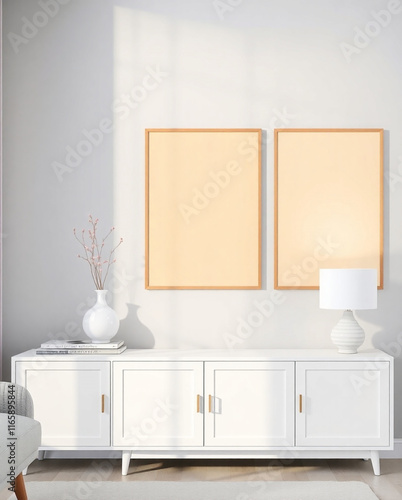 Three Poster Frames in a Modern Living Room with a Lamp and Cabinet