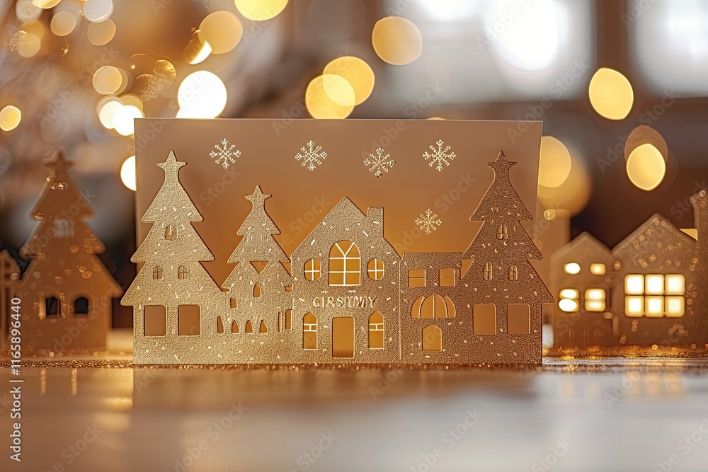 Obraz premium Gold lines creating an elegant, minimalist Christmas village scene on a greeting card 