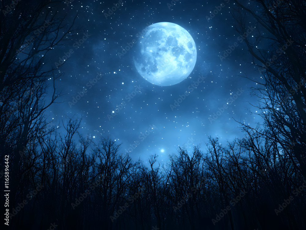 Naklejka premium Night Forest Moonlit Background Illustration