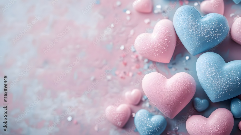 Obraz premium Defocused Romantic Valentine's Day Flat Lay with Pastel Heart-Shaped Bokeh Highlights and Minimal Decor
