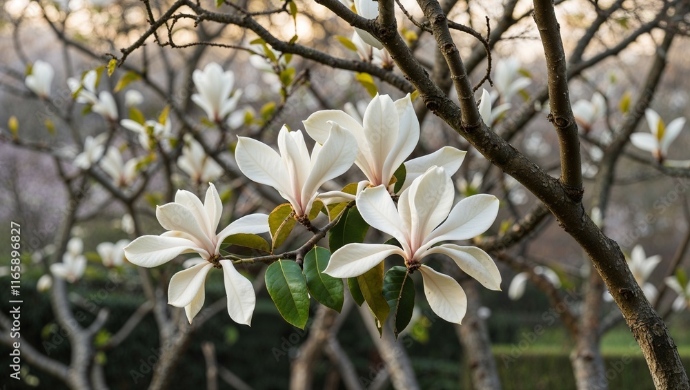 White magnolia blossoms bloom on the tree's branches, a spring floral beauty of nature White magnolia blossoms bloom on the tree's branches, a spring floral beauty of nature