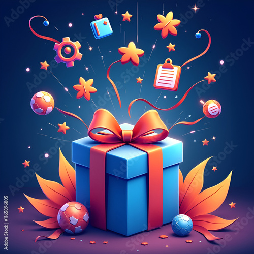 An illustration in vibrant, colorful tones, showing a digital gift package being untied in the center of the image. The package is large and eye-catching, with a rope or ribbon coming loose, suggestin photo