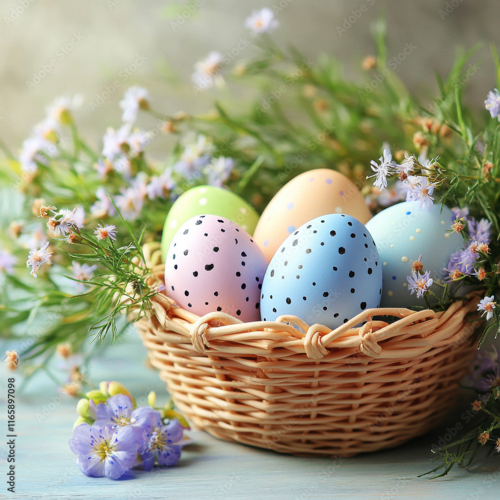 Fototapeta premium Colorful Easter eggs in a basket surrounded by flowers captured in springtime indoors