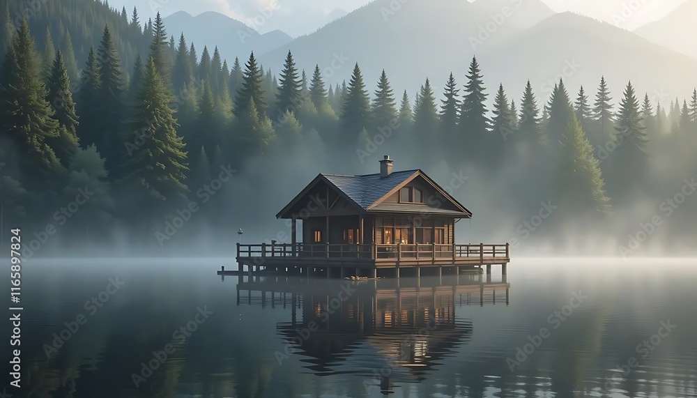 Fototapeta premium Serene Lakeside Cabin with Warm Lights Reflecting on Calm Water