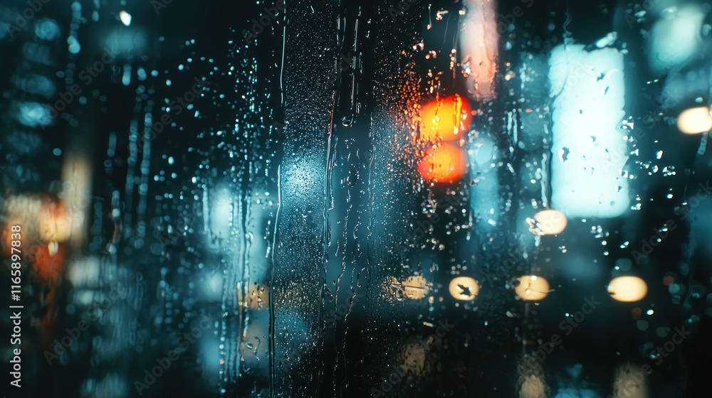 Obraz premium Rainy Night Cityscape: A Mesmerizing View Through a Wet Window