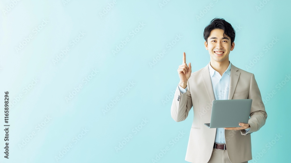 パソコンを片手に人差し指を立てているスーツを着た日本人男性の画像 パソコンを片手に人差し指を立てているスーツを着た日本人男性の画像
