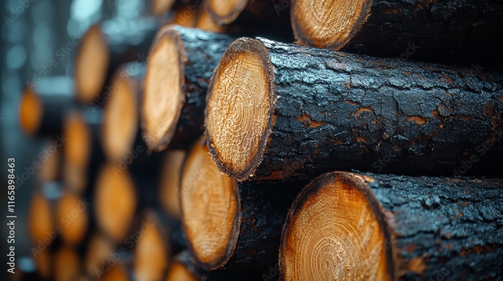 Stack of dark, charred logs with visible wood grain and rings. Stack of dark, charred logs with visible wood grain and rings.