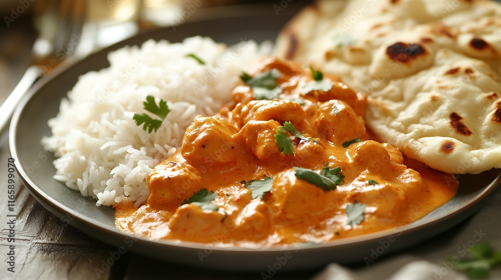 A close-up of a plate of butter chicken, served with basmati rice and naan bread A close-up of a plate of butter chicken, served with basmati rice and naan bread
