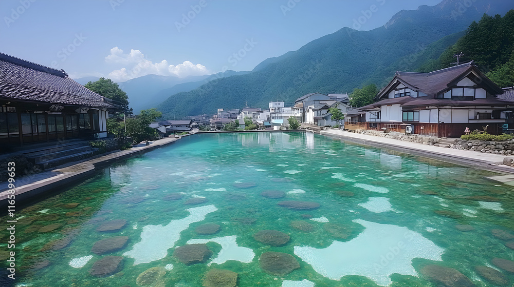 Serene Mountain Village Pool Illustration Serene Mountain Village Pool Illustration