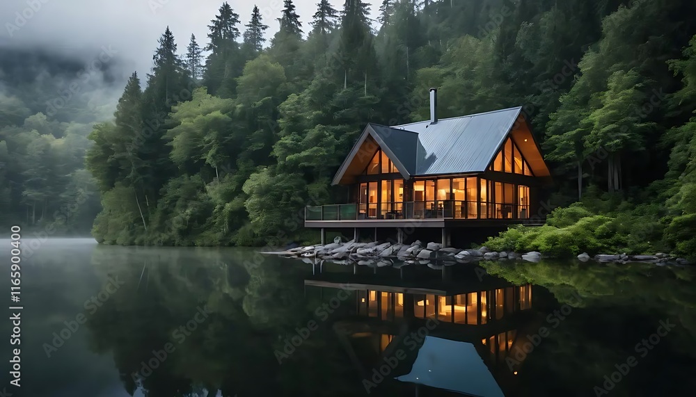 Serene Lakeside Cabin with Warm Lights Reflecting on Calm Water Serene Lakeside Cabin with Warm Lights Reflecting on Calm Water