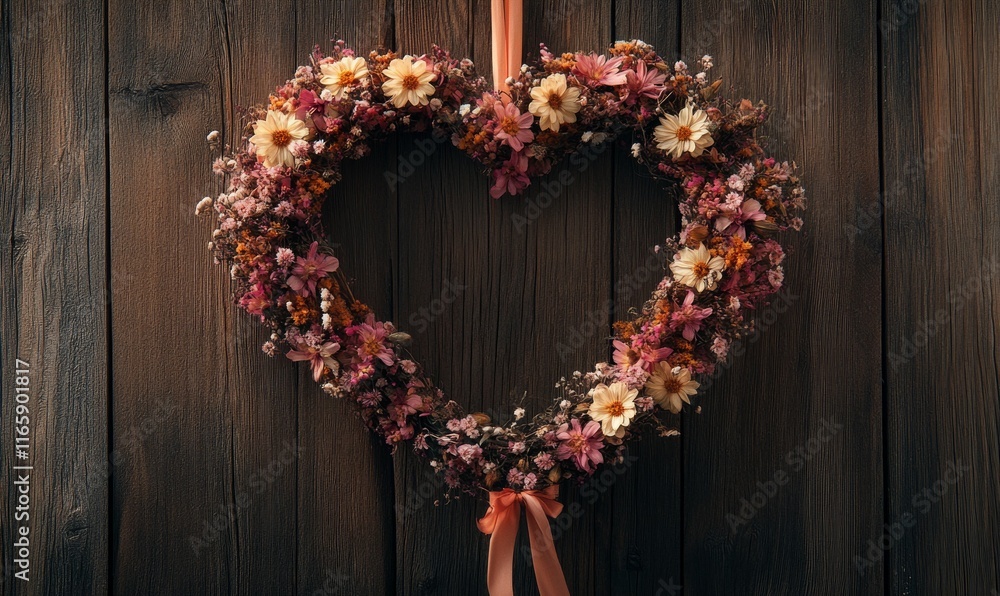 Heart-shaped wreath made of dried flowers and ribbon, hanging against a mocha-toned wooden backdrop. Heart-shaped wreath made of dried flowers and ribbon, hanging against a mocha-toned wooden backdrop.
