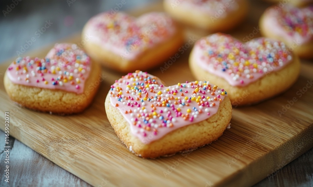 Heart-shaped cookies with colorful sprinkles and frosting, arranged on a wooden cutting board, Heart-shaped cookies with colorful sprinkles and frosting, arranged on a wooden cutting board,