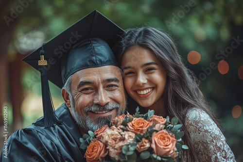 Celebration of graduation with joyful father and daughter in a lush garden setting photo