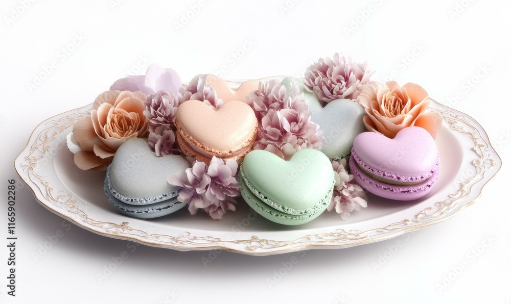 Heart-shaped pastel macarons arranged in a floral design, served on a white porcelain platter, Heart-shaped pastel macarons arranged in a floral design, served on a white porcelain platter,