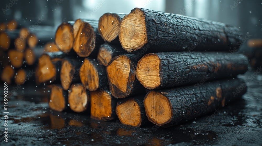 Wet logs stacked outdoors in the rain. Wet logs stacked outdoors in the rain.